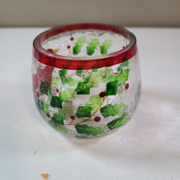 Cardinal With Holly Crackle Glass Votive Tea Light Candle Holder hanpain… - Picture 5 of 12